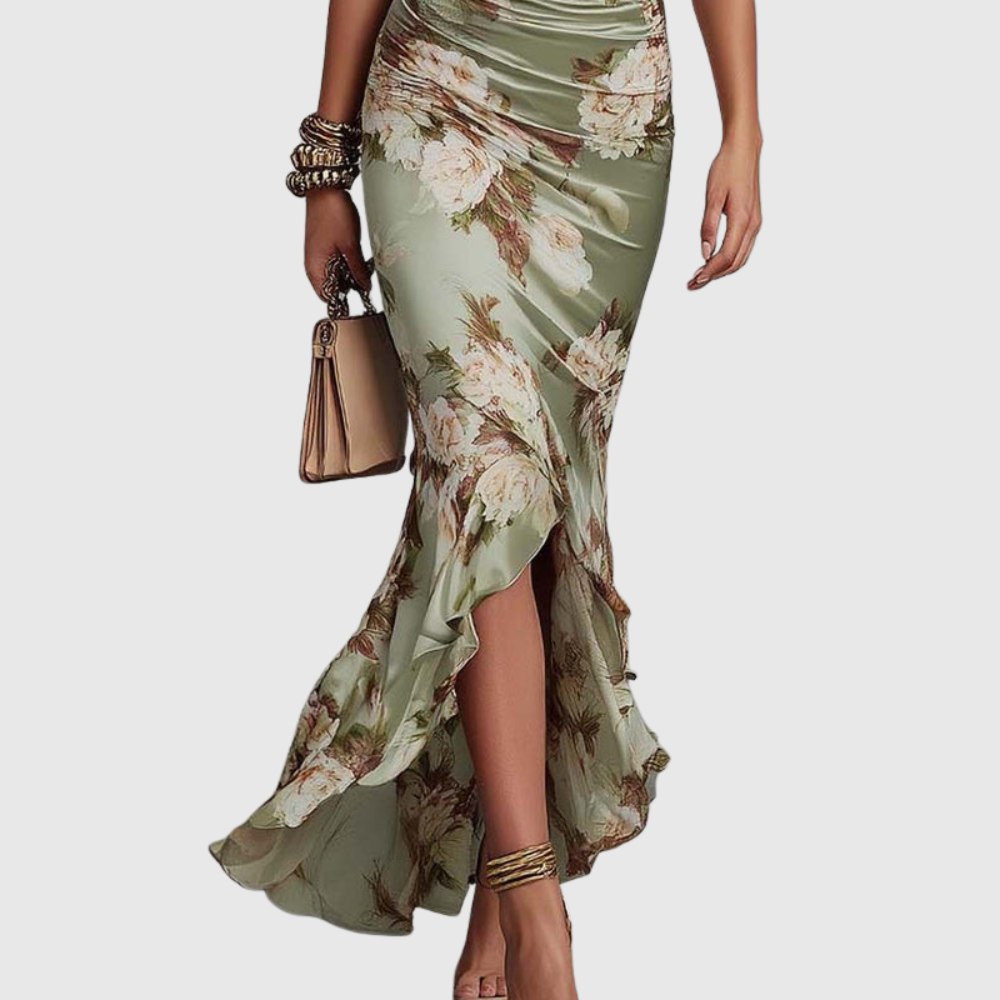 Anna | Long asymmetric green satin dress with a V-neckline