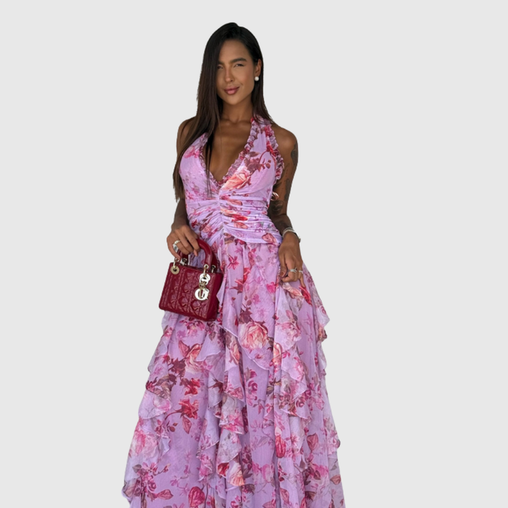 Coral | Women's Floral Sleeveless Ruffle Maxi Wedding Guest Dress