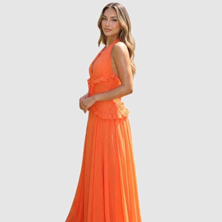 Marlowe | Women's Halter Ruffle A-Line Maxi Wedding Guest Dress