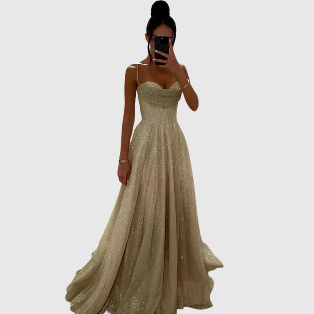Leonida satin maxi dress for women | long sleeves, open back & elegant winter evening look