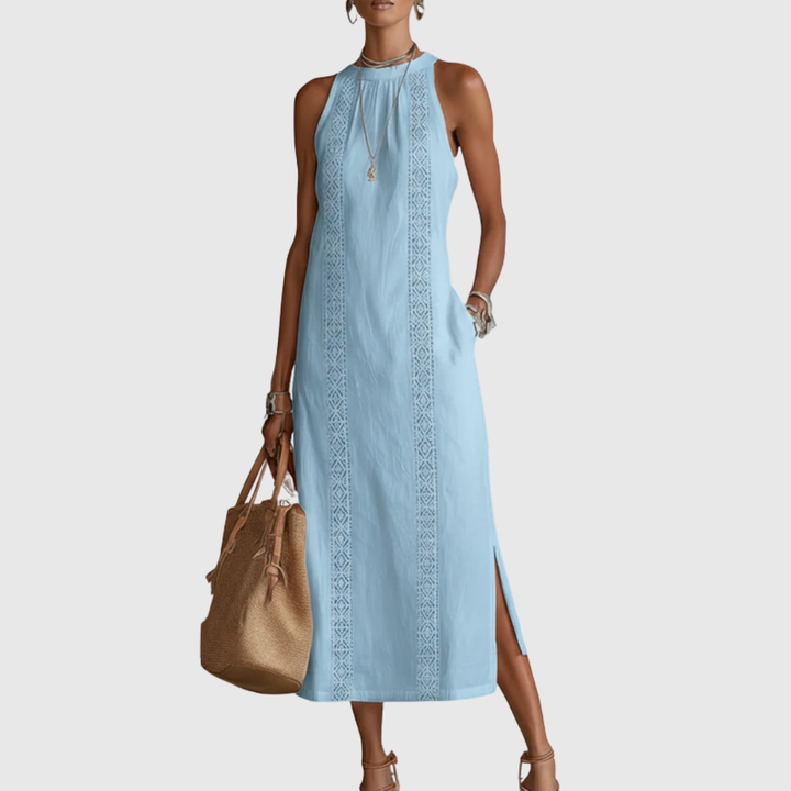 Jimena | Linen Midi Dress with Mao Collar