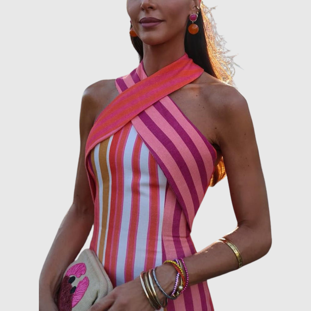 Sunset Samba Cross-Halter Stripe Dress