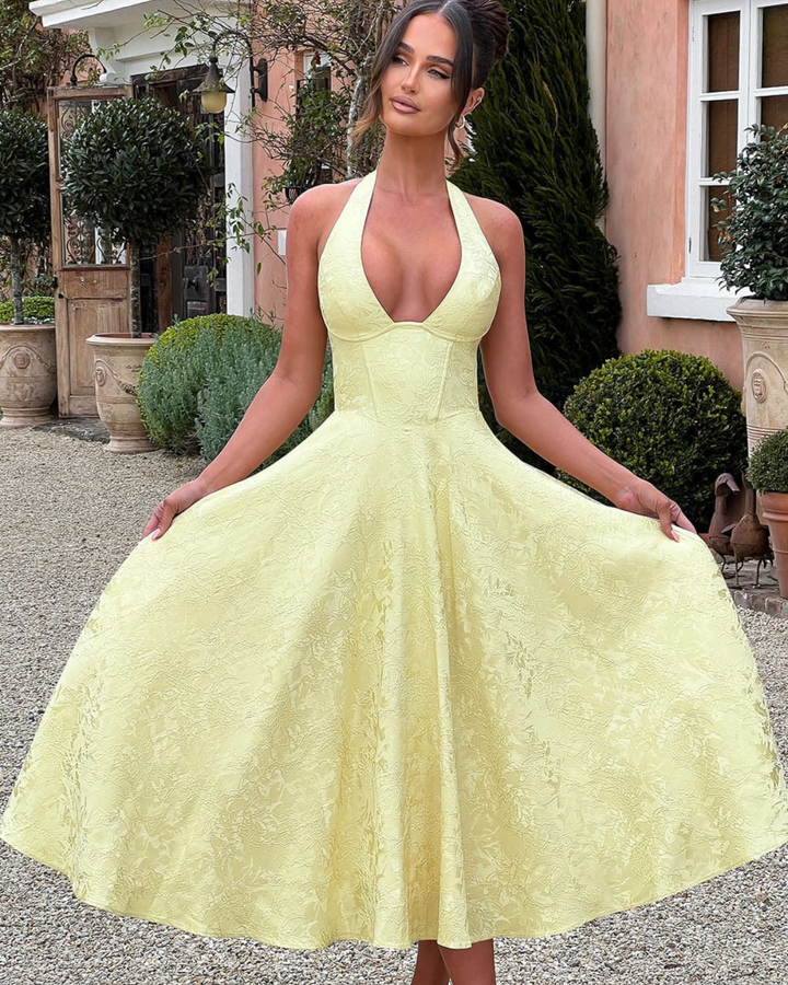 Wedding Guest Halter Midi Dress with Flared Skirt for Women