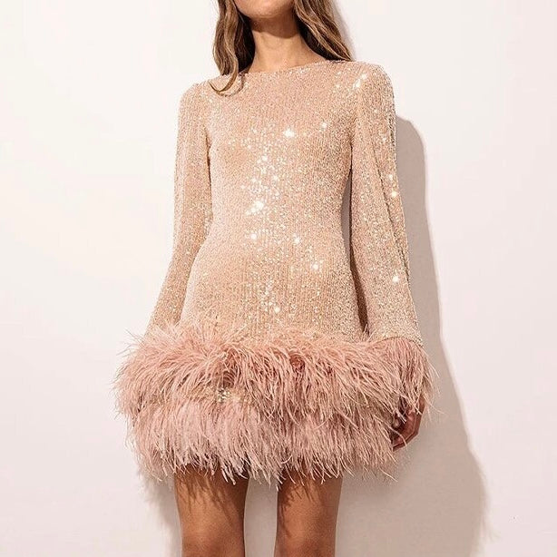 Avencea Dress with Feather Hem and Sequins