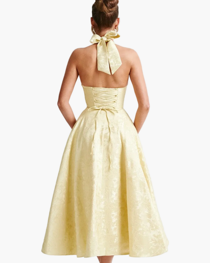 Wedding Guest Halter Midi Dress with Flared Skirt for Women