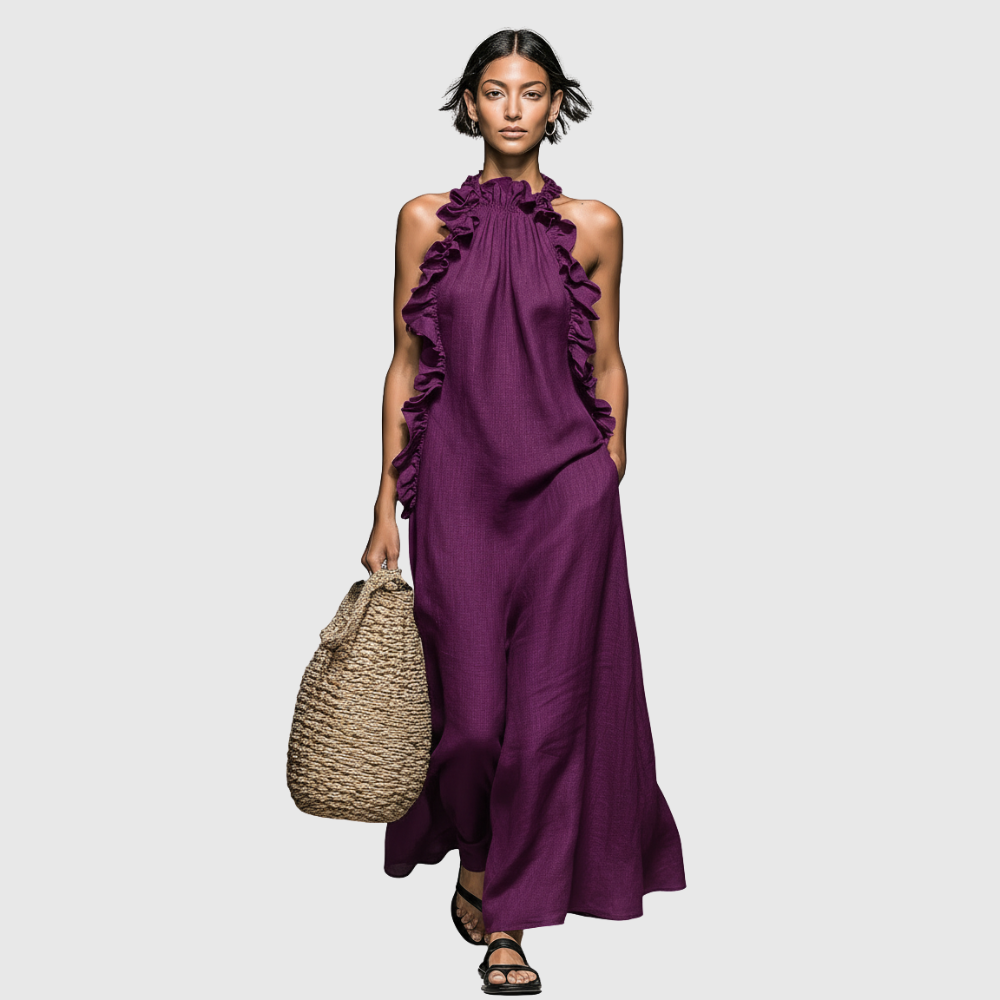 Women's Minimalist Linen-blend Sleeveless Maxi Dress With Ruffle
