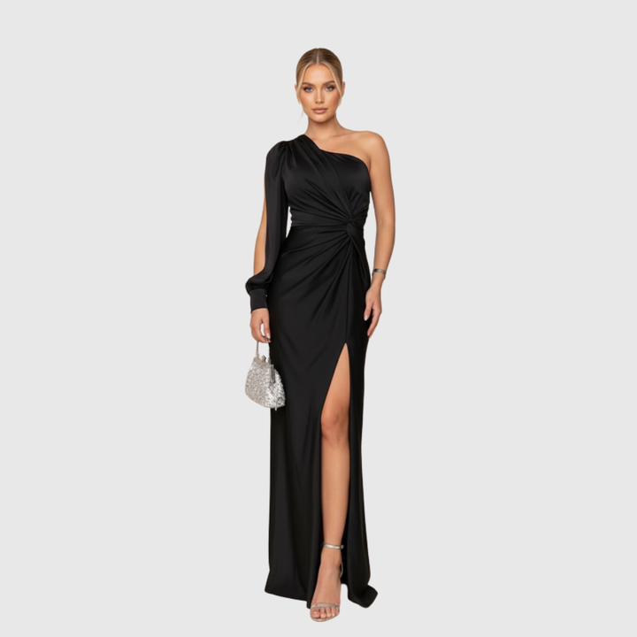 Rachel | Women's One-Shoulder Slit Satin Maxi Wedding Guest Dress