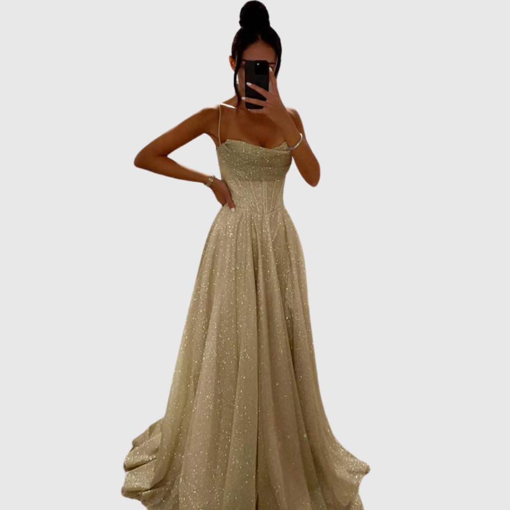 Leonida satin maxi dress for women | long sleeves, open back & elegant winter evening look