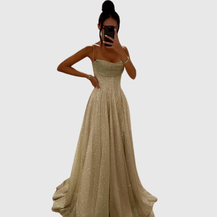 Leonida satin maxi dress for women | long sleeves, open back & elegant winter evening look