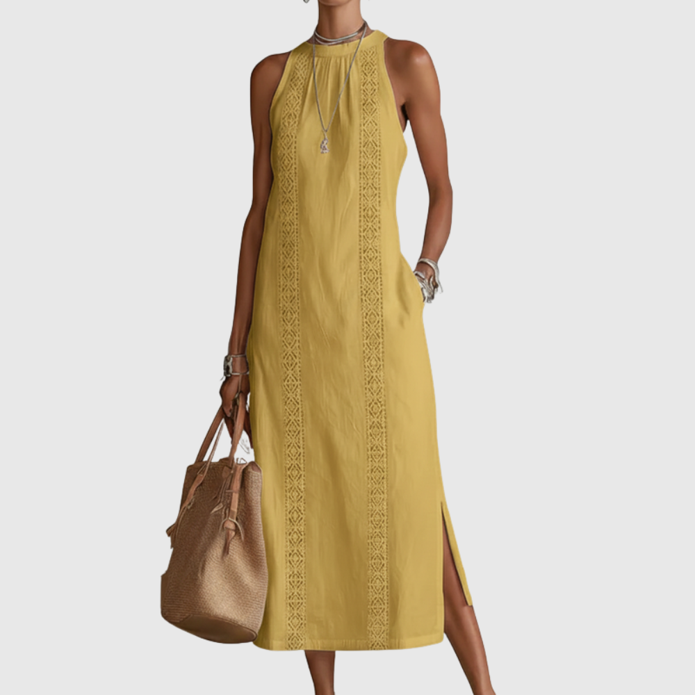Jimena | Linen Midi Dress with Mao Collar