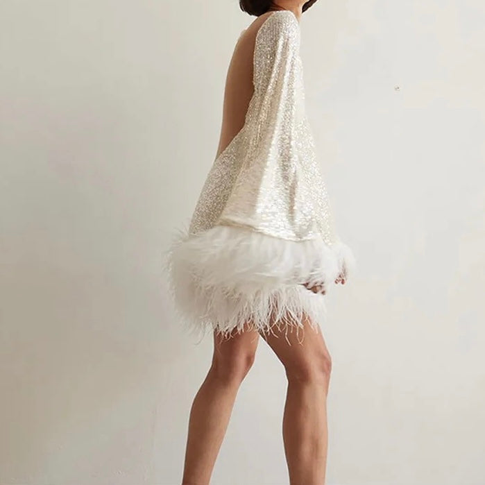 Avencea Dress with Feather Hem and Sequins