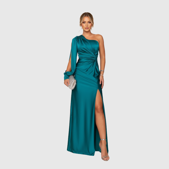 Rachel | Women's One-Shoulder Slit Satin Maxi Wedding Guest Dress