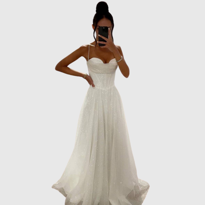Leonida satin maxi dress for women | long sleeves, open back & elegant winter evening look
