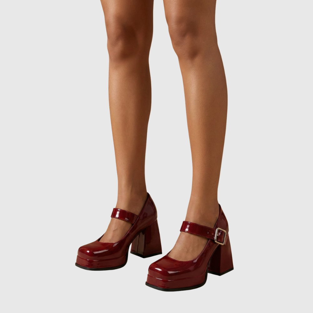 Women’s Patent Mary Jane Platform Heels with Block Heel and Buckle Strap