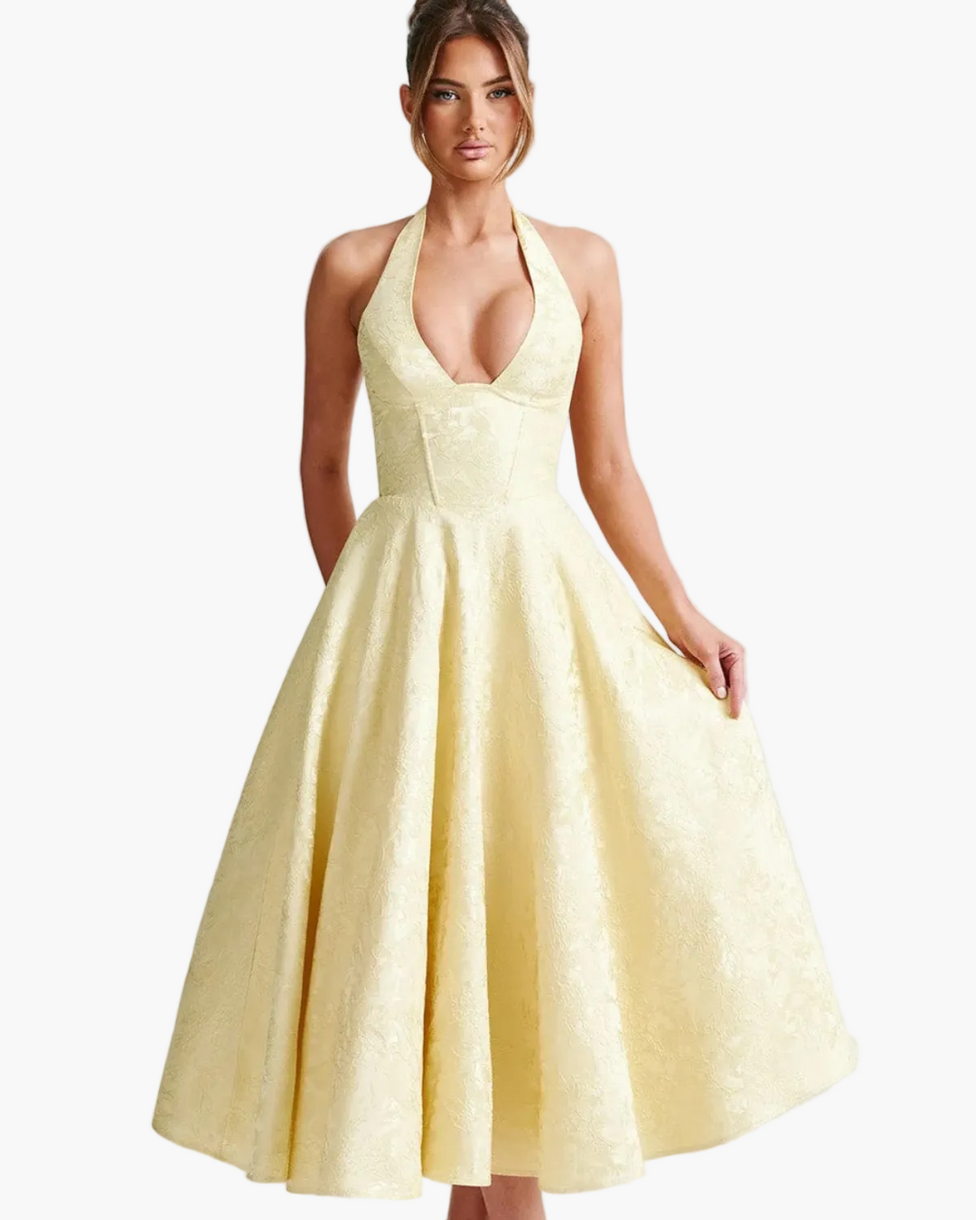 Wedding Guest Halter Midi Dress with Flared Skirt for Women