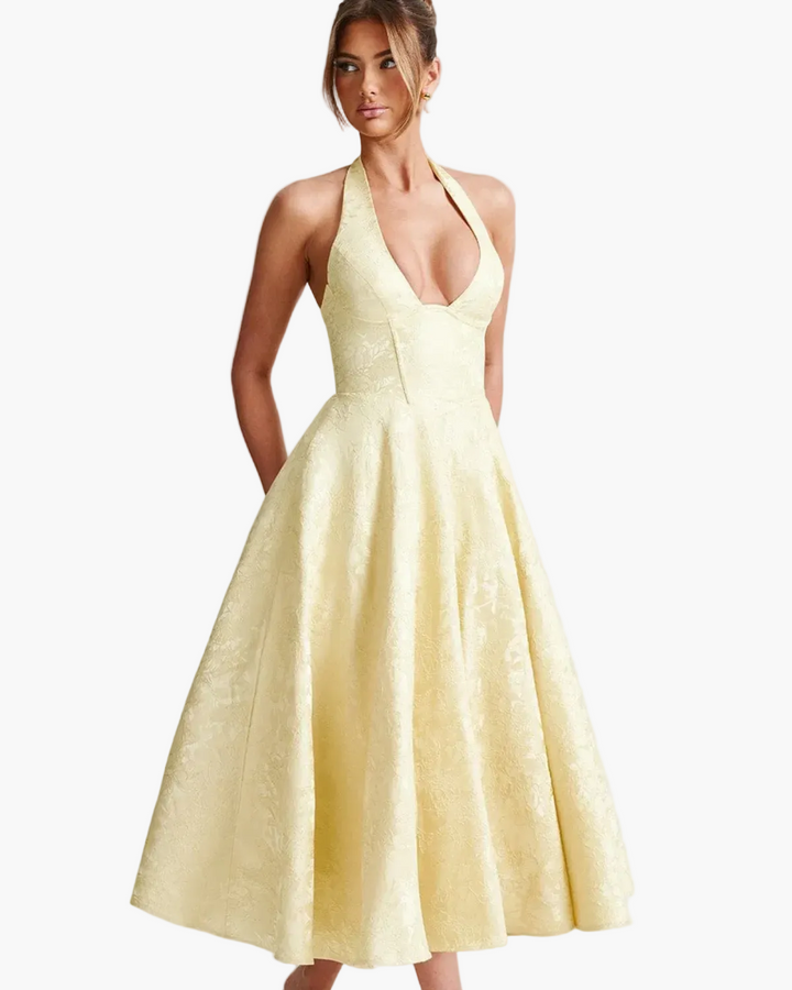 Wedding Guest Halter Midi Dress with Flared Skirt for Women