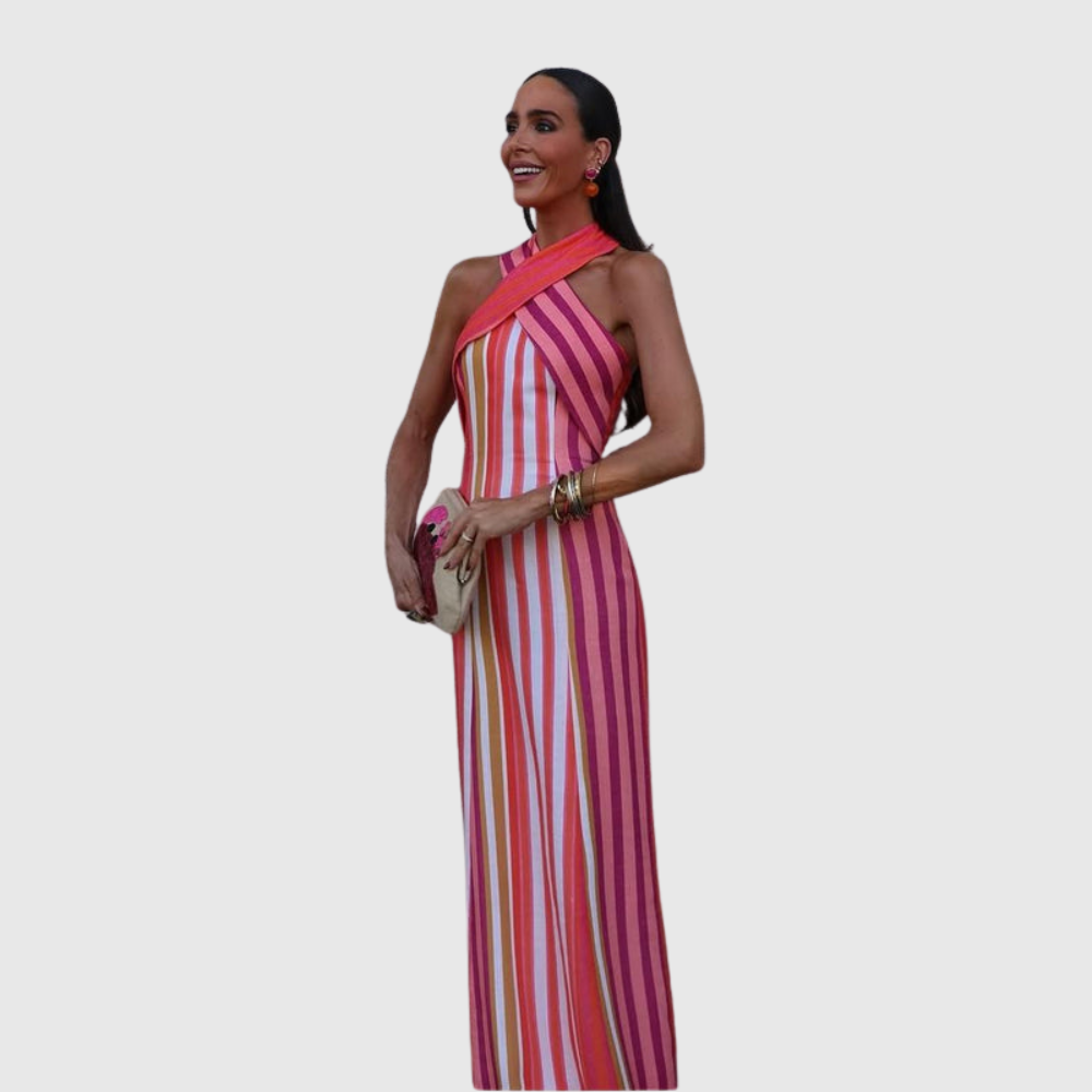 Sunset Samba Cross-Halter Stripe Dress