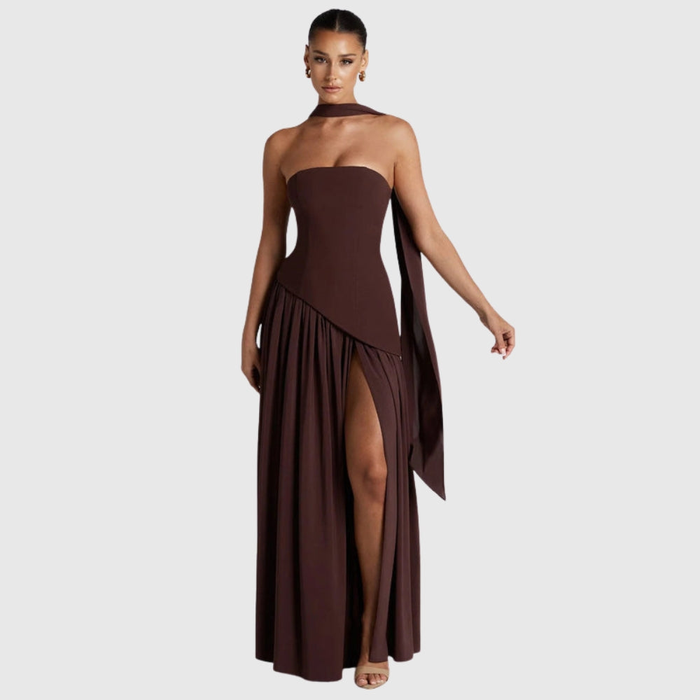 Lucinda | Women's Strapless Maxi Wedding Guest Dress with Scarf