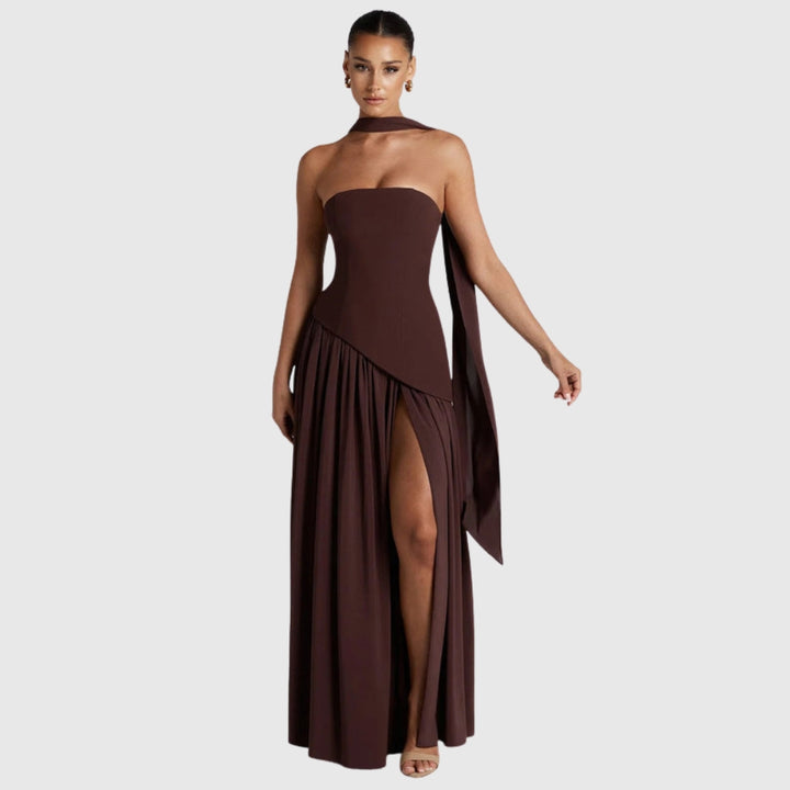 Lucinda | Women's Strapless Maxi Wedding Guest Dress with Scarf