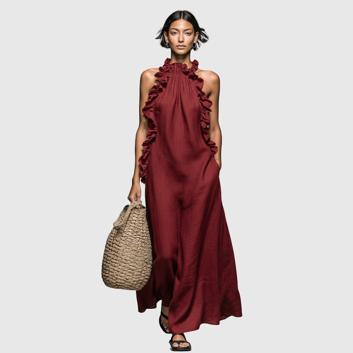 Women's Minimalist Linen-blend Sleeveless Maxi Dress With Ruffle