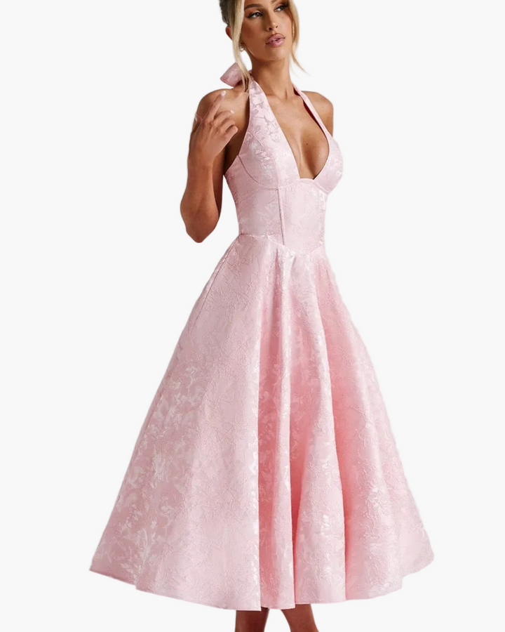 Wedding Guest Halter Midi Dress with Flared Skirt for Women