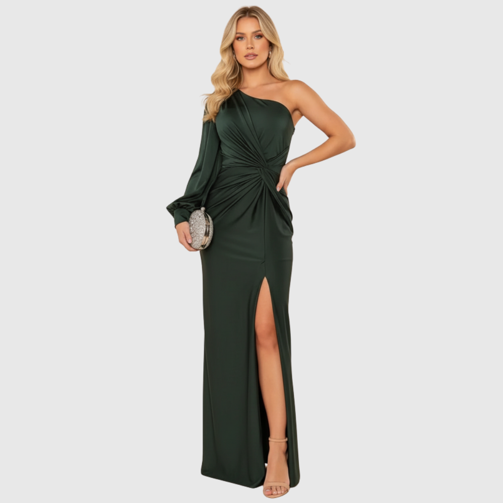 Rachel | Women's One-Shoulder Slit Satin Maxi Wedding Guest Dress