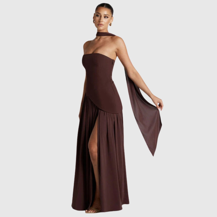 Lucinda | Women's Strapless Maxi Wedding Guest Dress with Scarf