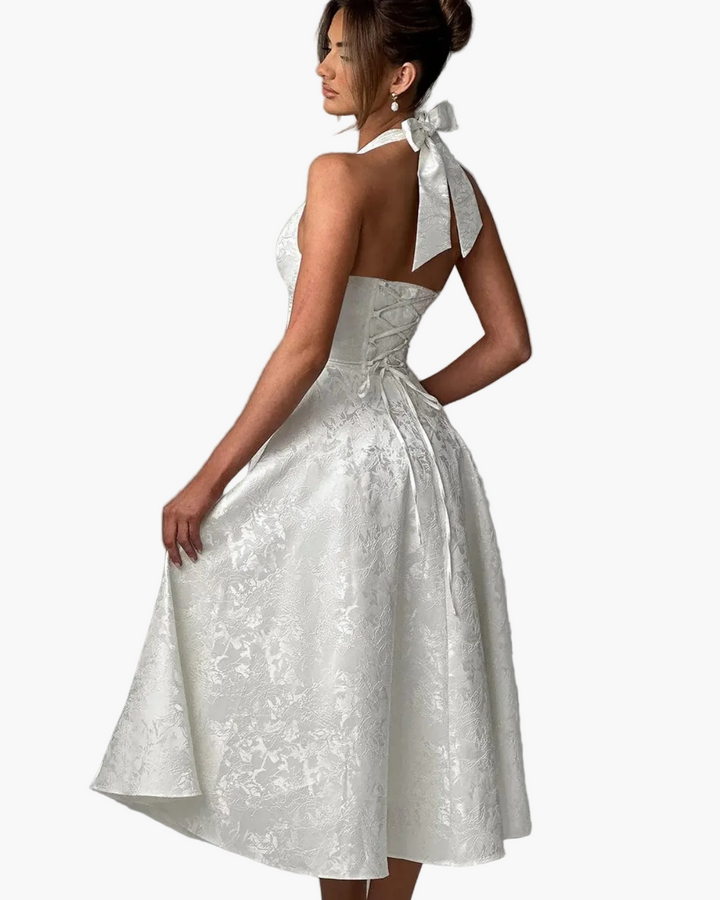 Wedding Guest Halter Midi Dress with Flared Skirt for Women