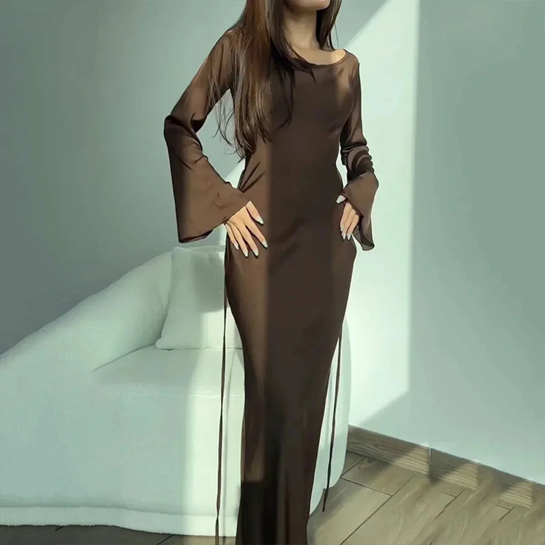 Ivory Long Sleeve Satin Gown - Elegant Formal Evening/Wedding Dress