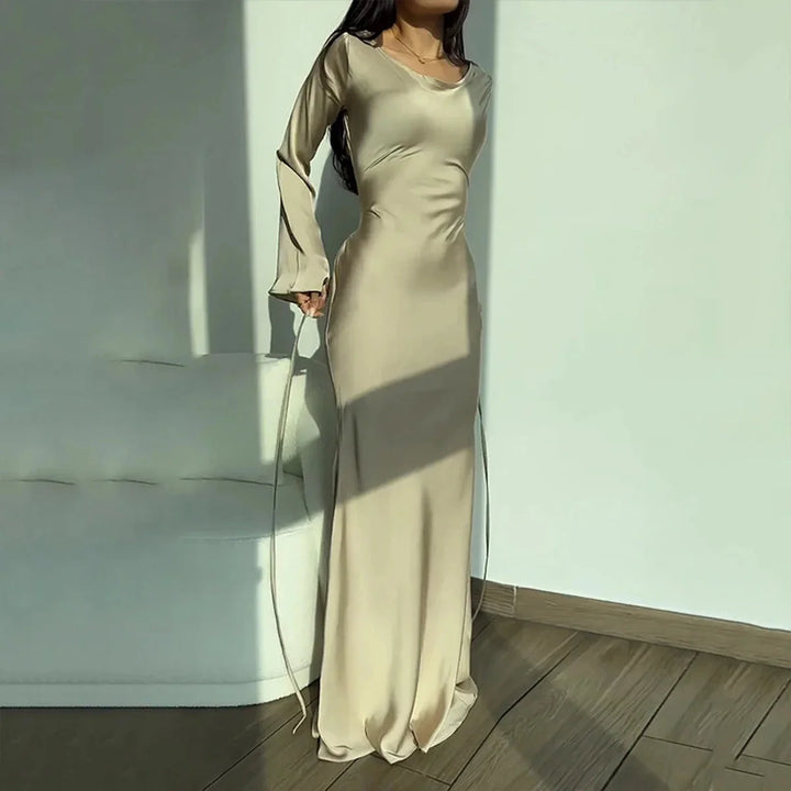 Ivory Long Sleeve Satin Gown - Elegant Formal Evening/Wedding Dress