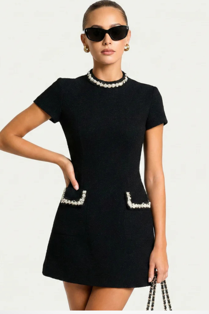Bronwen | Women Pearl Trim Mini Dress with Pocket Detail