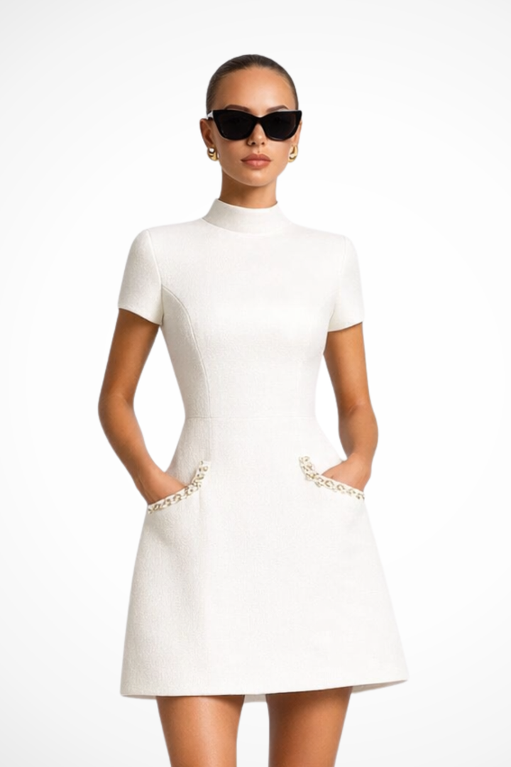 Bronwen | Women Pearl Trim Mini Dress with Pocket Detail