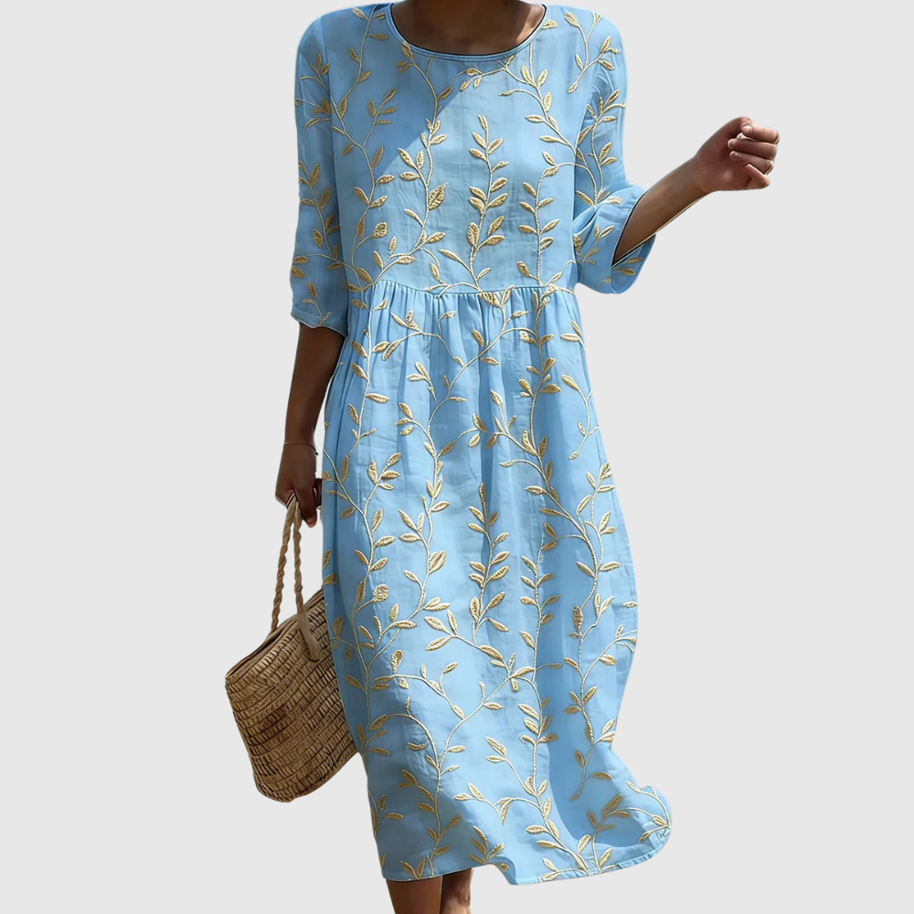 Natalie | Plant & Flower Print Round Neck Midi Dress