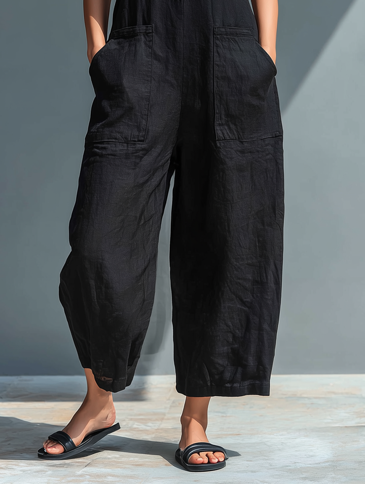 Women's Minimalist Linen Blend Button-up Stand-collar Sleeveless Loose Jumpsuit