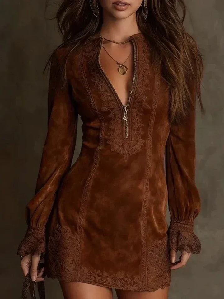 Elena - Embroidered Suede Mini Dress