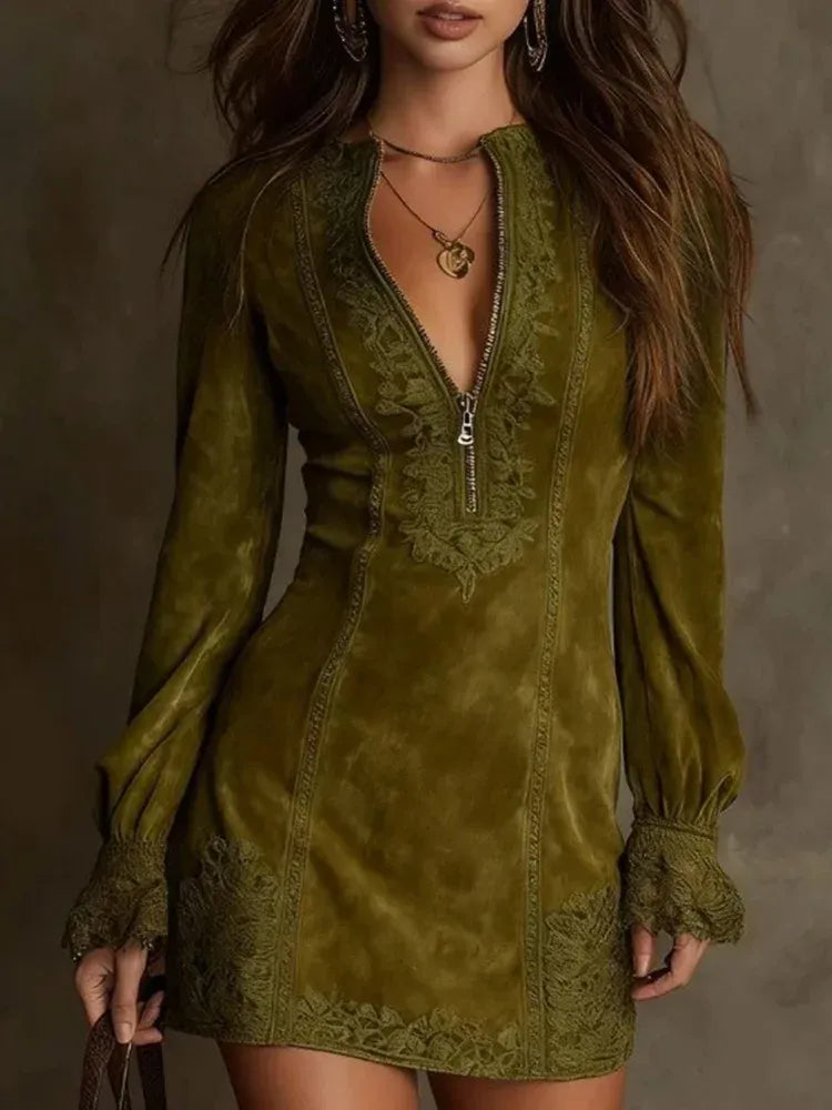 Elena - Embroidered Suede Mini Dress