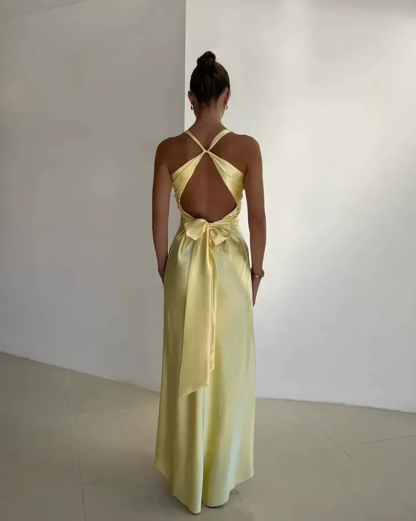 Satin V Neck Halter Maxi Dress for Women