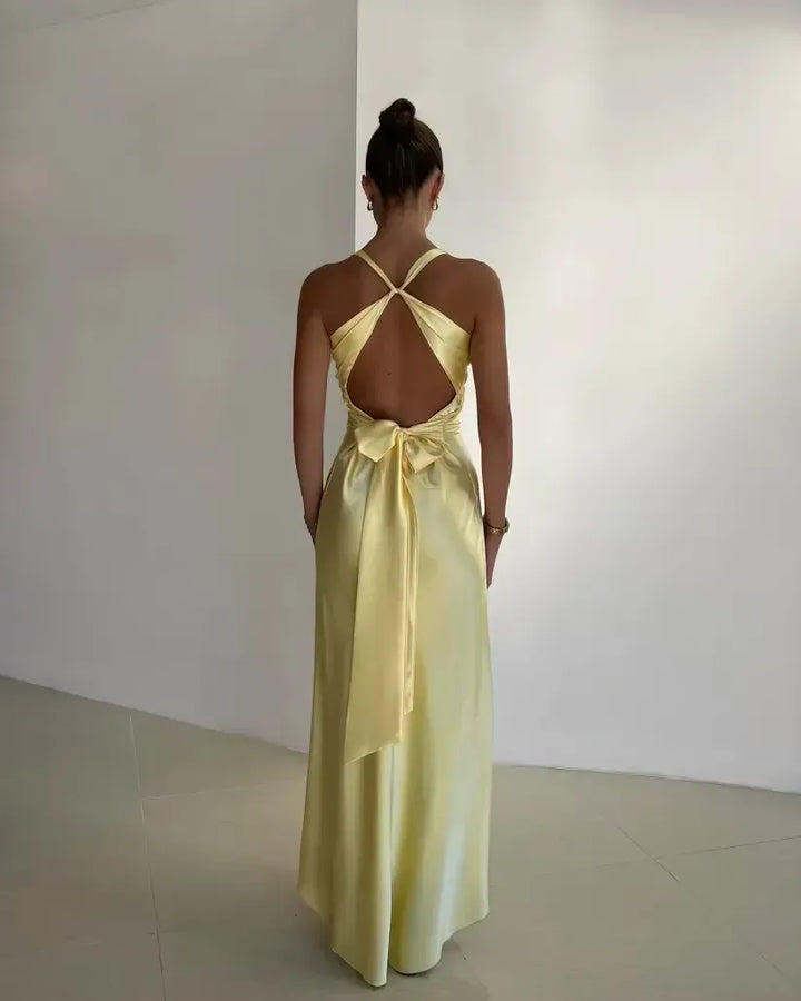 Satin V Neck Halter Maxi Dress for Women