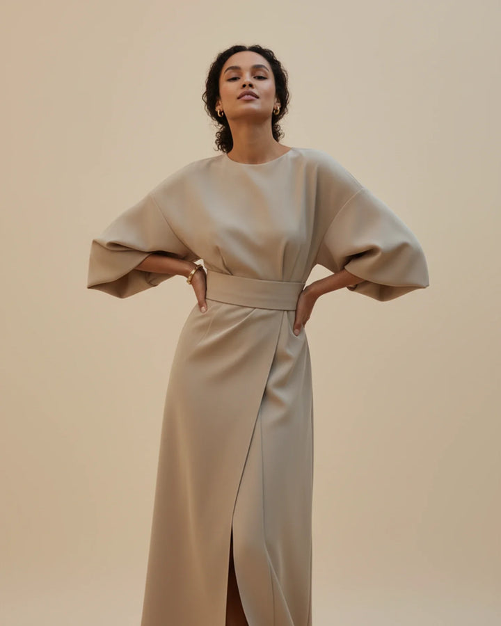 Women's Elegant Belted Dress with Lantern Sleeves