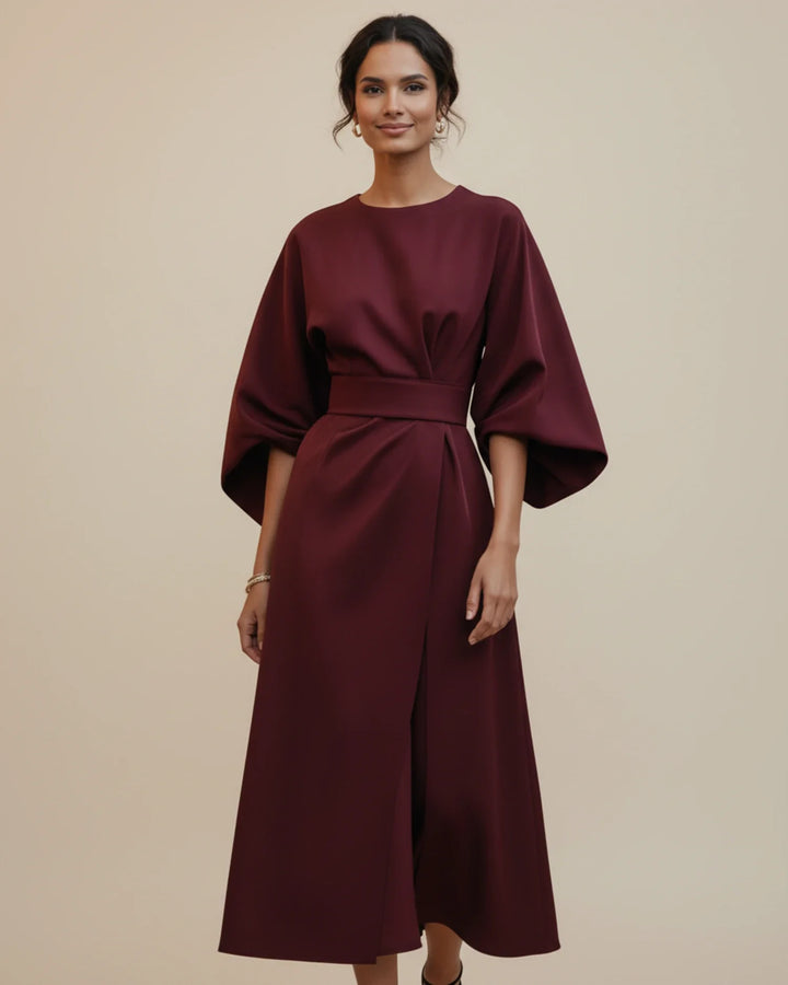 Women's Elegant Belted Dress with Lantern Sleeves