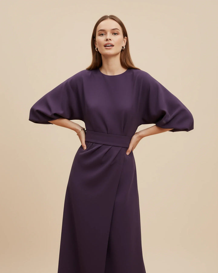 Women's Elegant Belted Dress with Lantern Sleeves
