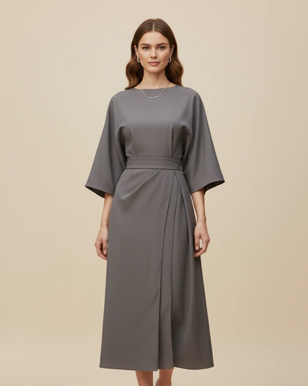 Women's Elegant Belted Dress with Lantern Sleeves