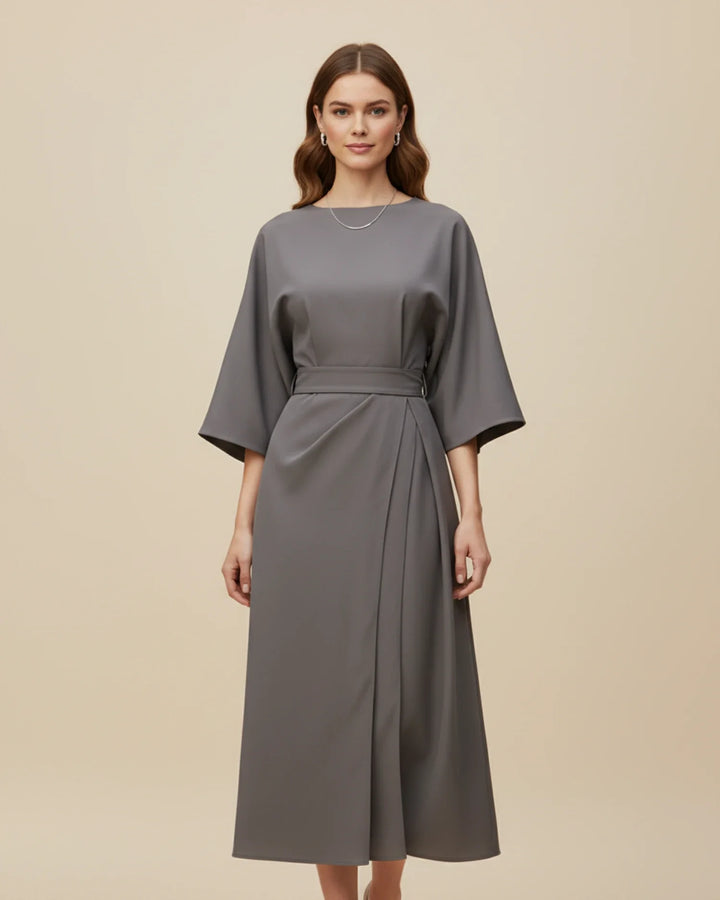Women's Elegant Belted Dress with Lantern Sleeves