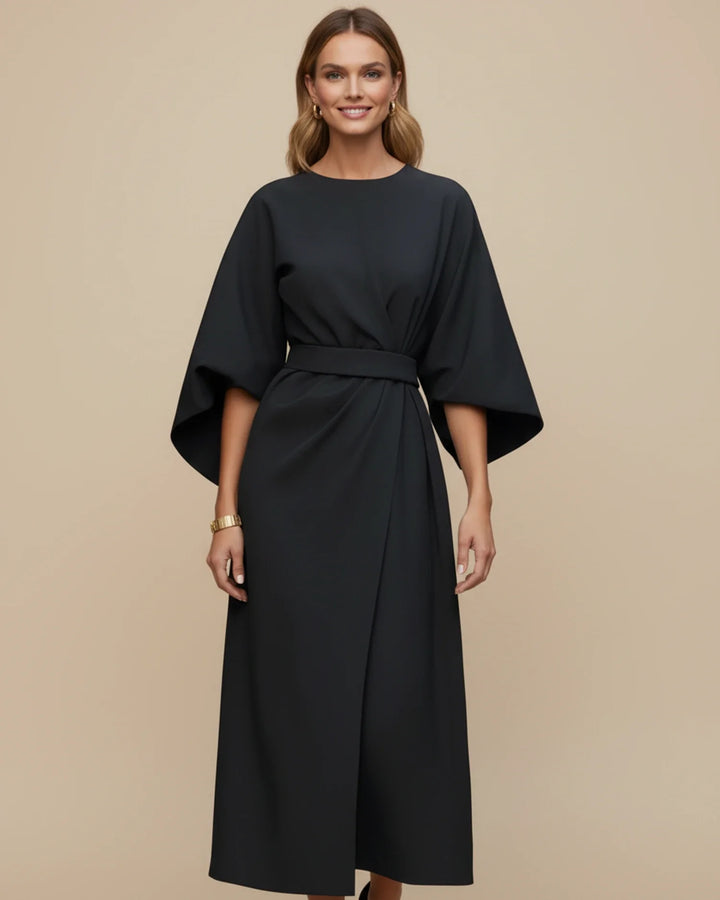 Women's Elegant Belted Dress with Lantern Sleeves