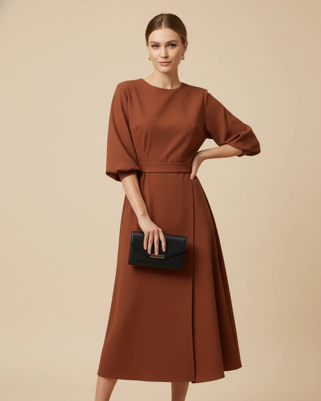 Women's Elegant Belted Dress with Lantern Sleeves