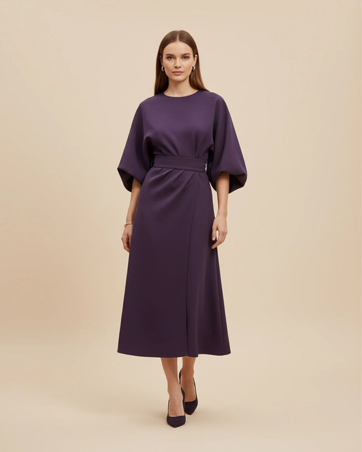 Women's Elegant Belted Dress with Lantern Sleeves