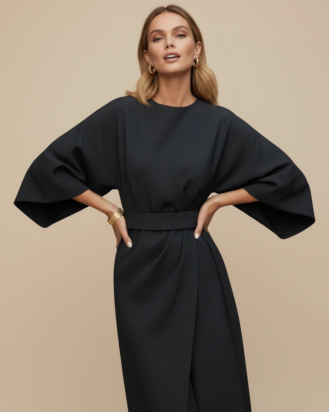 Women's Elegant Belted Dress with Lantern Sleeves