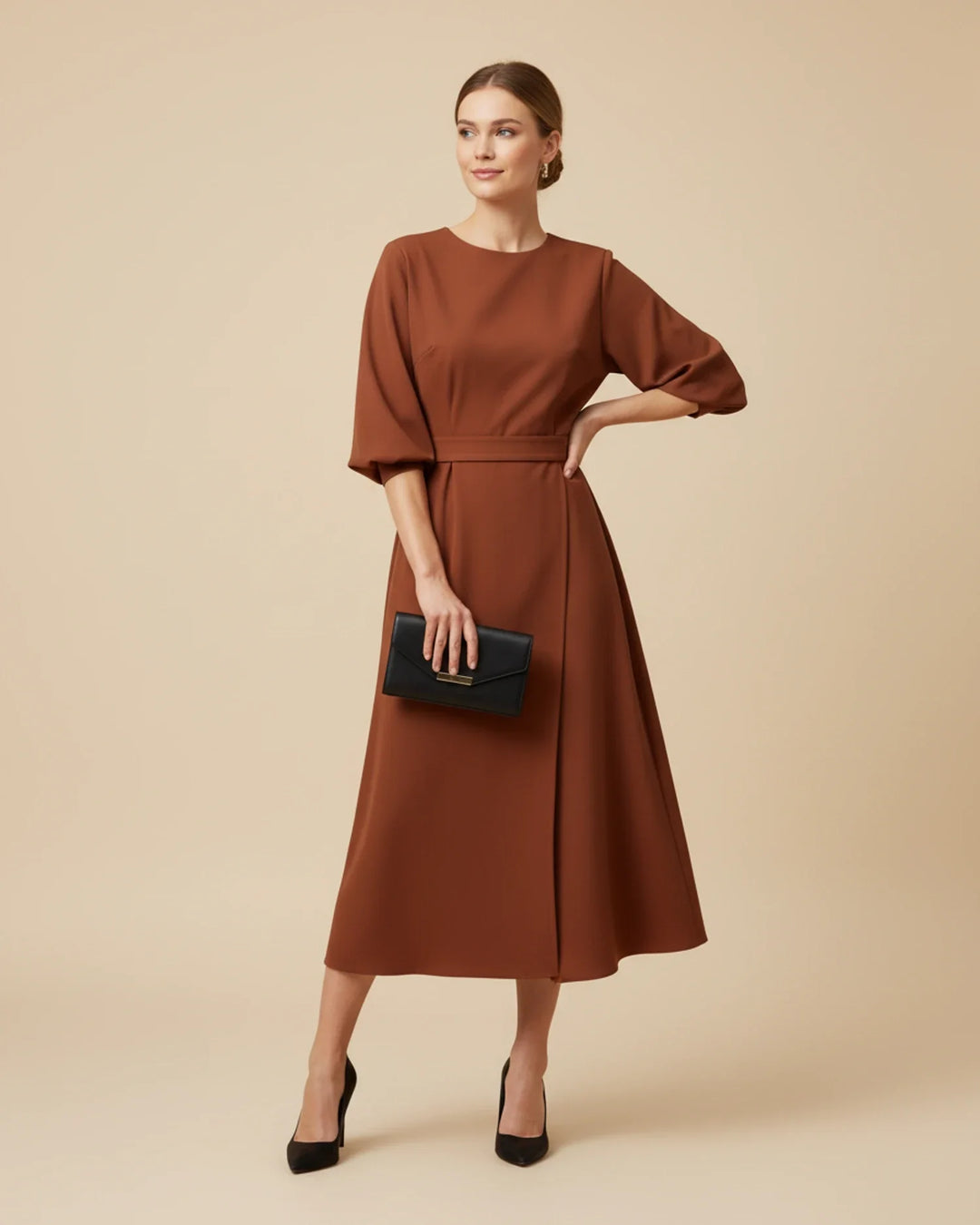 Women's Elegant Belted Dress with Lantern Sleeves