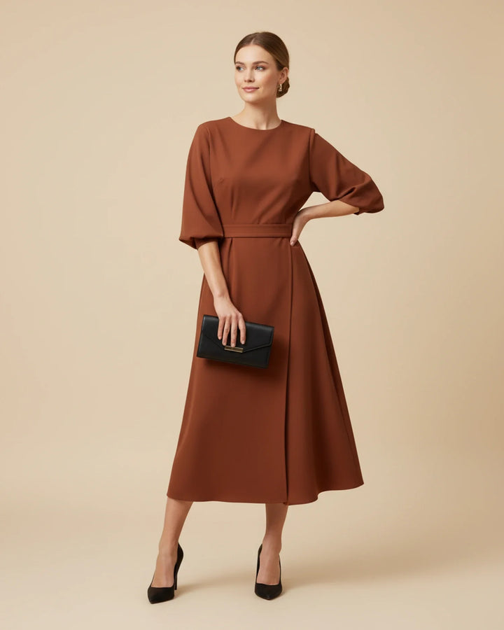 Women's Elegant Belted Dress with Lantern Sleeves