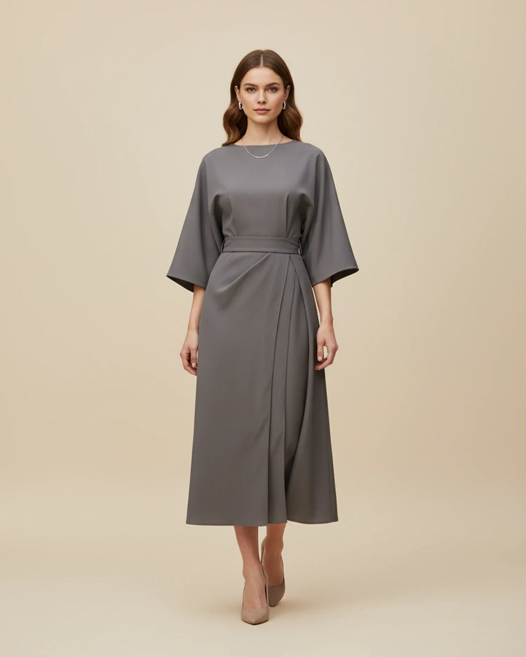 Women's Elegant Belted Dress with Lantern Sleeves